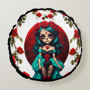 Cojín Redondo Calaveras de azúcar de rosas verde azuladas y roja