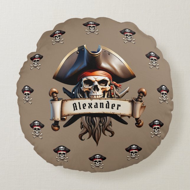Cojín Redondo Calaveras de pirata personalizadas (Anverso)