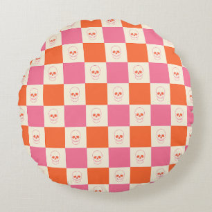 Cojín Redondo Calaveras de tablero de ajedrez en rosa, Naranja y