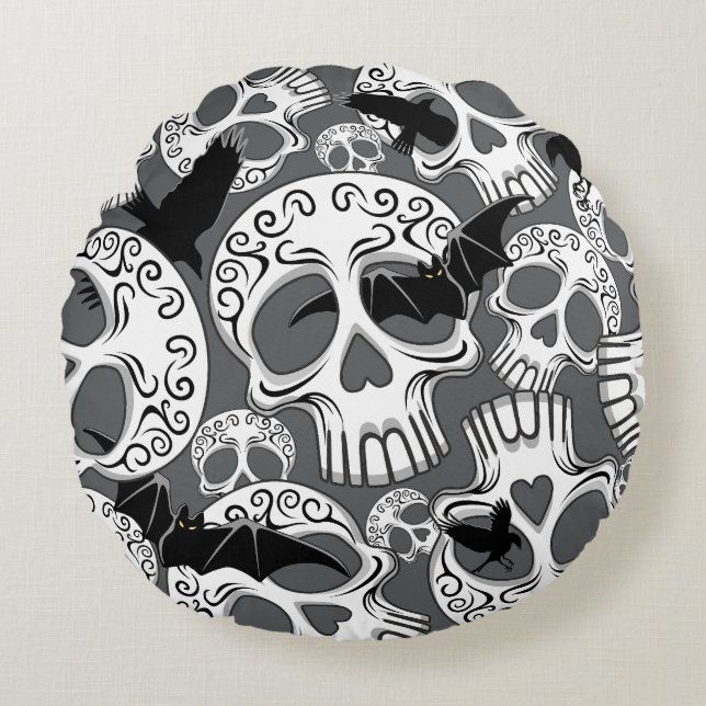 Cojín Redondo Calaveras decorativas de Halloween (Anverso)