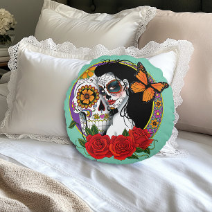 Cojín Redondo Calaveras Elegantes de Azúcar Monarca Rosas Rojas 