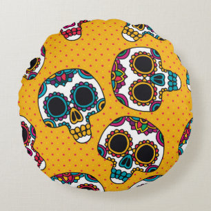 Cojín Redondo Calaveras: estilo latinoamericano vintage.