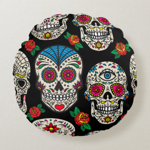 Cojín Redondo Calaveras y Rosas mexicanos: Diseño de época