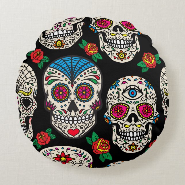 Cojín Redondo Calaveras y Rosas mexicanos: Diseño de época (Anverso)