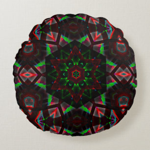 Cojín Redondo caleidoscopio con hexágono, gradiente verde y rojo
