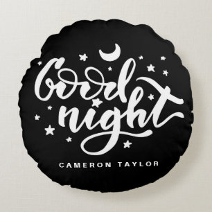 Cojín Redondo Caligrafía moderna en blanco y negro Buenas noche