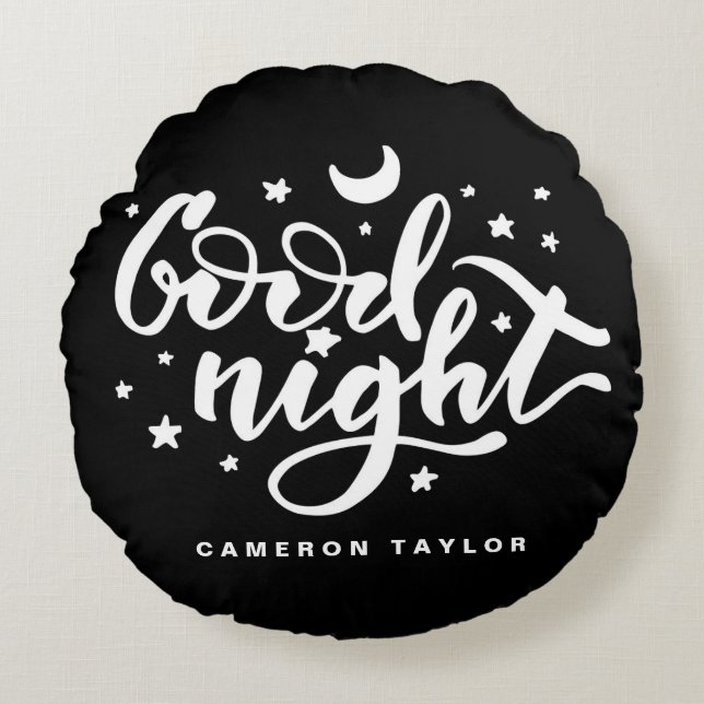 Cojín Redondo Caligrafía moderna en blanco y negro Buenas noches (Anverso)