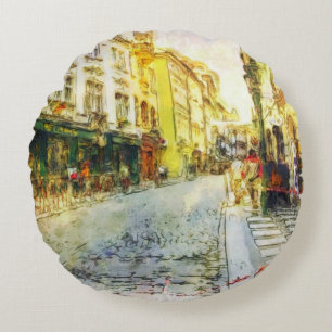 Cojín Redondo Calles de la acuarela vieja de Praga