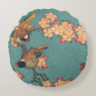 Cojín Redondo Camachuelo de Hokusai y Flor de Cerezo Ave Vintage