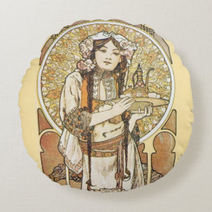 Cojín Redondo Camarera Art Nouveau Camarera con té