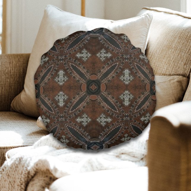 Cojín Redondo Camarón primitivo del oeste del país con cuero lab (Primitive cowboy western country Tooled Leather Round Pillow)
