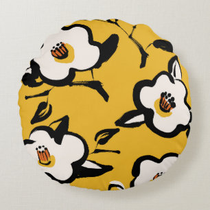 Cojín Redondo Camellia amarilla, cosmética floral de cosmética.