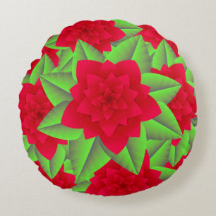 Cojín Redondo Camellias rojas oscuras y hojas verdes