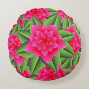 Cojín Redondo Camellias rosas Fuschia y hojas verdes