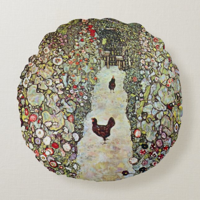 Cojín Redondo Camino de jardín con pollos, Gustav Klimt, Art Nou (Anverso)