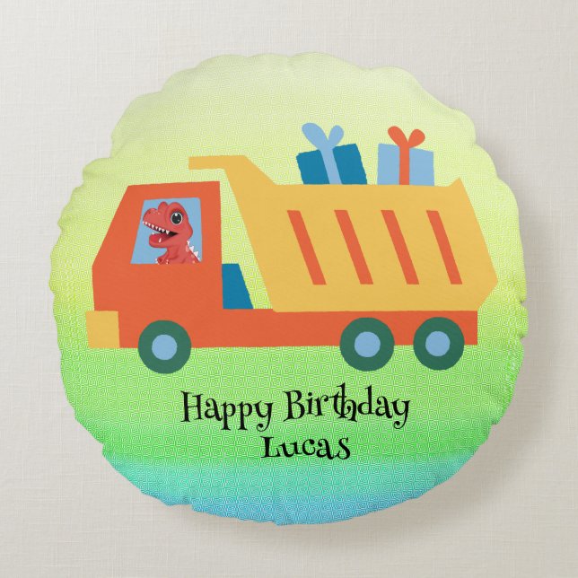 Cojín Redondo Camión de dinosaurios divertidos Nombre de la fies (Anverso)