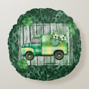 Cojín Redondo Camión de época sembrado en el día de San Patricio