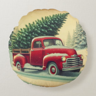 Cojín Redondo Camión rojo vintage con árbol de Navidad