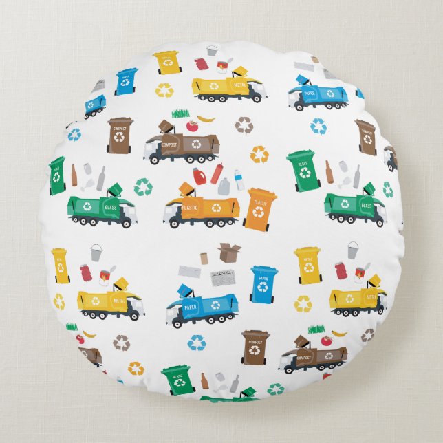 Cojín Redondo Camiones y papeleras de basura para reciclaje colo (Anverso)