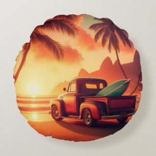 Cojín Redondo camioneta surfista vintage tropical/hawaiana
