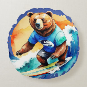 Cojín Redondo Camiseta divertida de oso haciendo surf