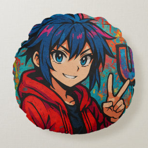 Cojín Redondo Camiseta gráfica de anime rojo atrevido USA