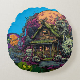 Cojín Redondo Camiseta Gráfica de Luna Zombie Gemela Verde Tóxic