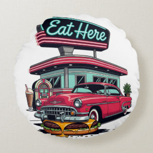 Cojín Redondo Camiseta Retro Diner Eat Here Classic Car Burger