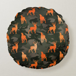 Cojín Redondo Camo oscuro con ciervo Naranja