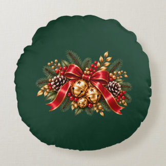 Cojín Redondo Campana de Navidad Lazo Rojo Festivo