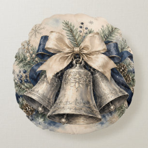 Cojín Redondo Campanas de Navidad de plata elegantes en acuarela