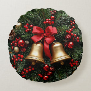 Cojín Redondo Campanas de Navidad doradas en decoraciones de hoj