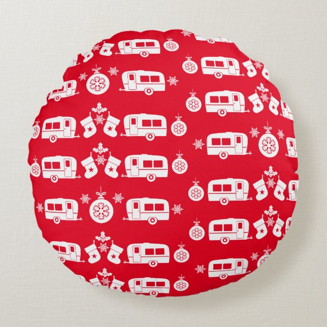 Cojín Redondo Camping de caravanas felices Navidades (Anverso)