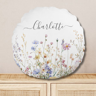 Cojín Redondo Campo de flores silvestres rústico y bonito con ac