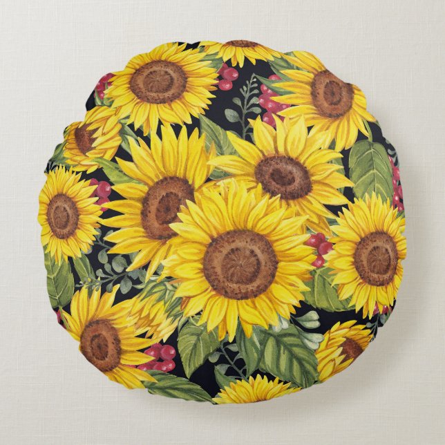 Cojín Redondo Campo de girasoles: fondo negro de acuarela (Anverso)