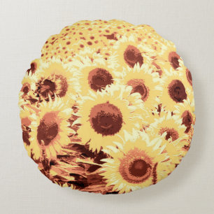 Cojín Redondo Campo de girasoles - marrón, dorado y amarillo