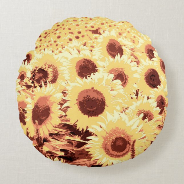Cojín Redondo Campo de girasoles - marrón, dorado y amarillo (Anverso)