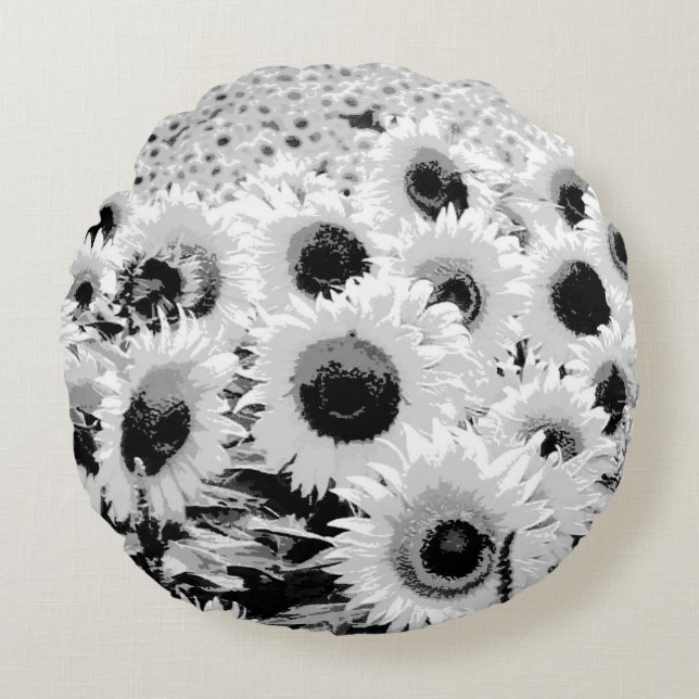 Cojín Redondo Campo de girasoles - negro, blanco y gris (Anverso)