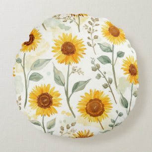 Cojín Redondo Campo de Girasoles Pintura Acuarela Floral Amarill