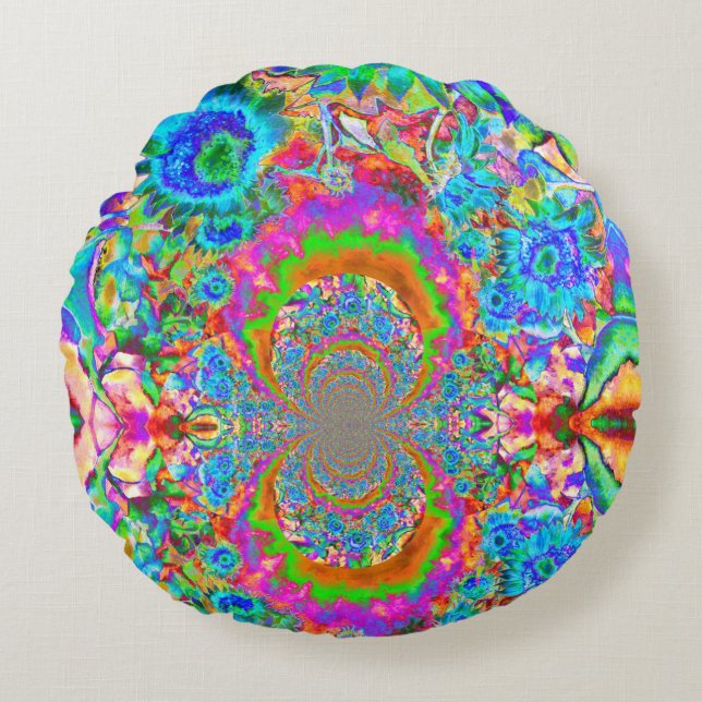 Cojín Redondo Campos de girasol para siempre - azul (Anverso)