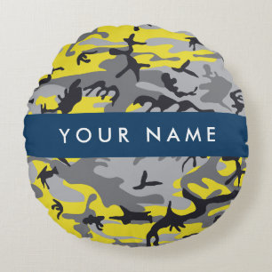 Cojín Redondo Camuflaje amarillo y gris Tu nombre personaliza