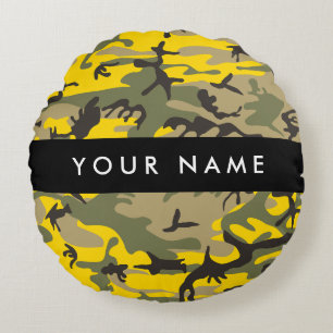 Cojín Redondo Camuflaje Amarillo y Verde Personaliza tu nombre