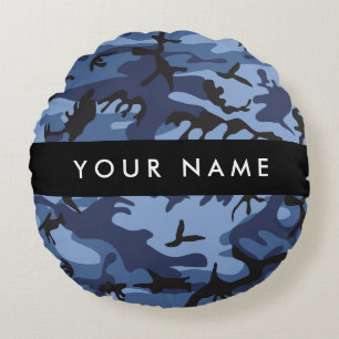Cojín Redondo Camuflaje azul marino Tu nombre Personaliza