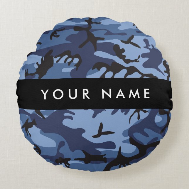 Cojín Redondo Camuflaje azul marino Tu nombre Personaliza (Anverso)