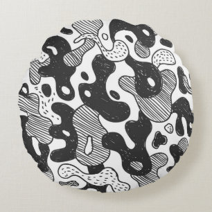 Cojín Redondo camuflaje de estilo doodle abstracto, negro