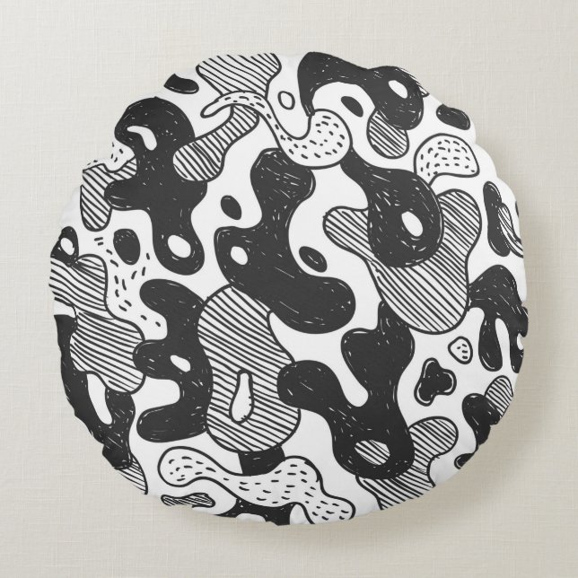 Cojín Redondo camuflaje de estilo doodle abstracto, negro (Anverso)