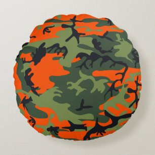 Cojín Redondo Camuflaje naranja y verde, militar, ejército