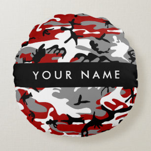 Cojín Redondo Camuflaje rojo y gris Tu nombre Personaliza