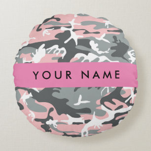 Cojín Redondo Camuflaje rosa y gris Personaliza tu nombre