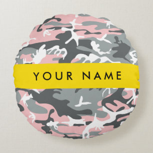 Cojín Redondo Camuflaje rosa y gris Tu nombre Personaliza